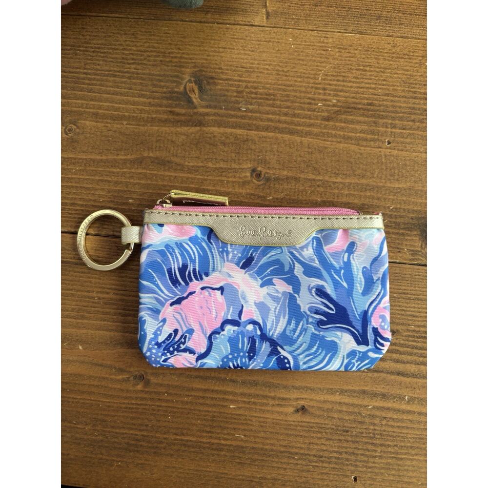 LILLY PULITZER ID Case Wallet Keychain In Shade Seekers Saltwater Blue Pink